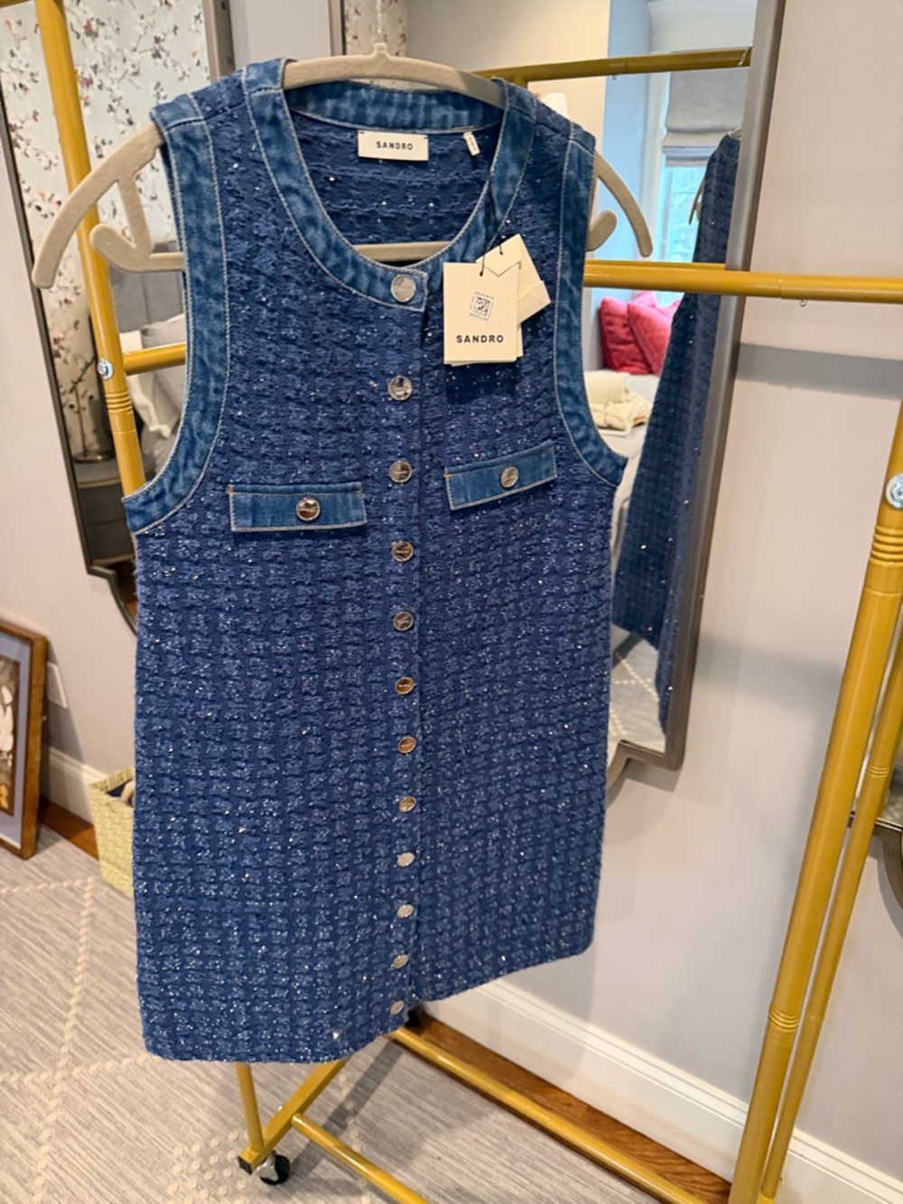 Sandro Navy Blue denim Tweed Button-Front Sleeveless Dress NWT size 38